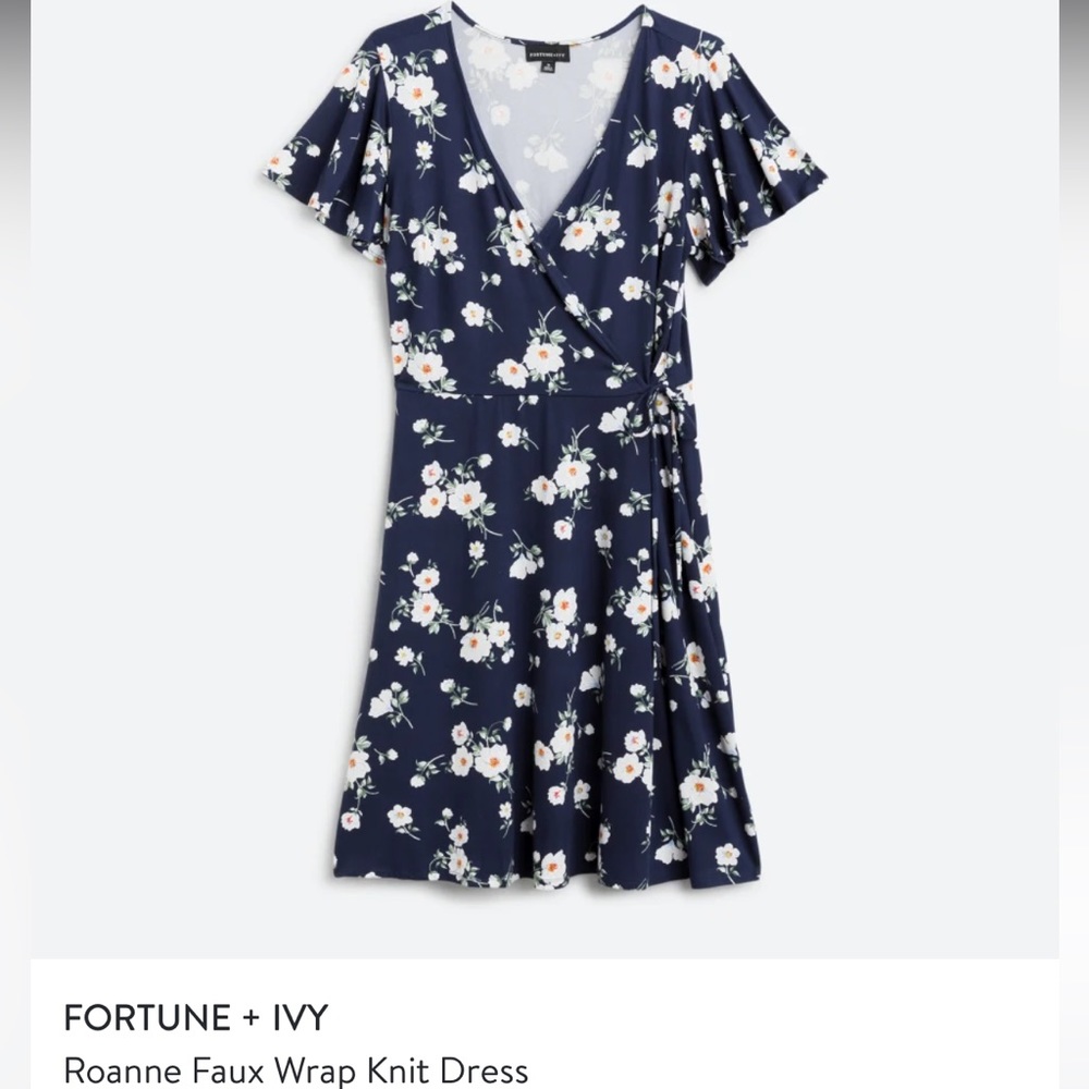 Blue floral faux-wrap dress